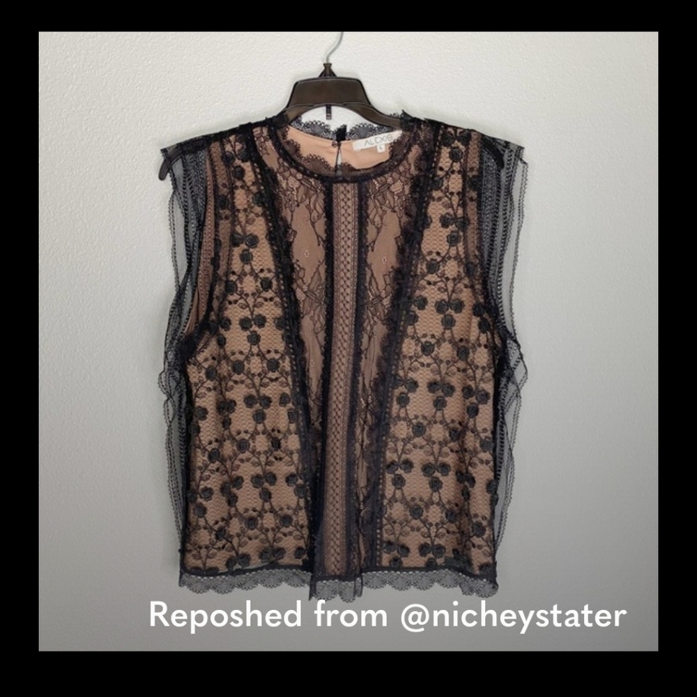 Alexis Essie Black Blouse Embroidered Lace Floral Ruffle Large